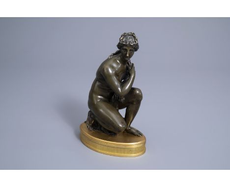 Title: After Antoine Coysevox (1640-1720): The crouching Venus resting on a turtle, patinated bronze on an oval gilt bronze b