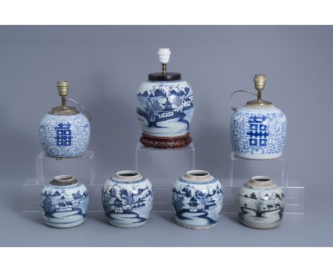 Title: Seven Chinese blue and white jars, three with lamp mounts, 19th/20th C.Description: H 36,2 - 20,8 cm (the tallest jar 
