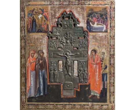 Title: A large Russian Stavrotek icon with depictions of the descent from the cross and the entombment of Christ, 19th C.Desc