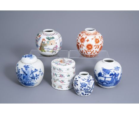 Title: Five Chinese famille rose and blue and white ginger jars and a four-tier box and cover, 19th/20th C.Description: H 14,