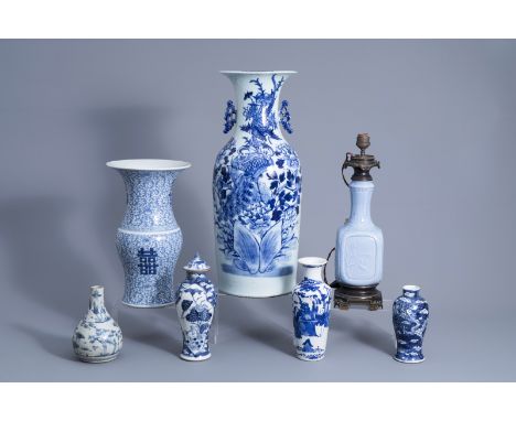 Title: Six Chinese blue and white vases and one lamp mounted monochrome blue vase, Ming and laterDescription: H 59 - 18,5 cm 