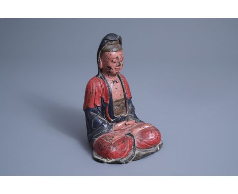 Title: A Chinese cold painted bronze figure of Guanyin, Ming or laterDescription: H 22,8 cm