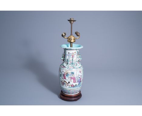 Title: A Chinese famille rose vase with a bronze lamp mount, 19th C.Description: H 58,2 - 34,4 cm (with and without base and 