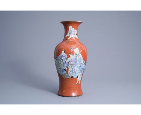 Title: A Chinese red coral ground famille rose baluster vase with Immortals, Qianlong mark, RepublicDescription: H 44,5 cm