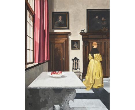λ&nbspPETER KELLY (BRITISH 1931-2019) INTERIOR IN THE MANNER OF VERMEER Oil on board Signed with initials (lower left) 34 x 2
