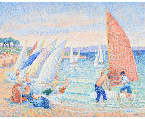 λ&nbspYVONNE CANU (FRENCH 1921-2008) PREPARATIONS AUX REGATES Oil on canvas Signed (lower right); titled and inscribed with i
