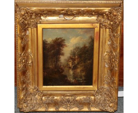Attributed to George Vincent (1796-1832) A mill house with figures on a bridge Oil on panel, 24cm by 20.5cm 