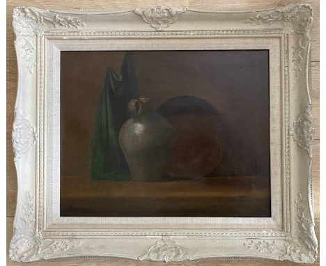 Circle of Ruskin Spear 1911-1990. British. Oil on canvas. “Still Life of a Pot, Dish and Cloth”. Signed lower left.Measures 4