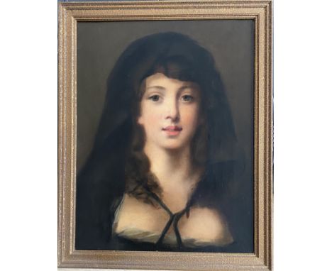 L Magill British. Oil on canvas. “Portrait of a lady Wearing a Cape”. Inscribed on the back. Measures 36cm x 46cm. Condition 