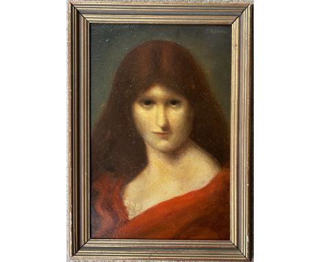 Circle of Jean Jaques Henner 1829-1905. French. Oil on board. “Portrait of a Woman in a red Cloak”. Signed upper right. Measu
