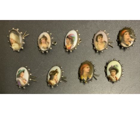 NINE EARLY ENAMEL PORTRAIT BUTTONS