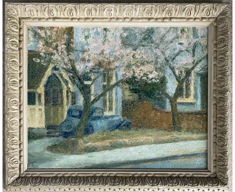 Circle of Vanessa Bell 1879-1961. British. Oil on canvas. “Blossom Lined Street”. Signed with initials.  Measures 40cm x 50cm