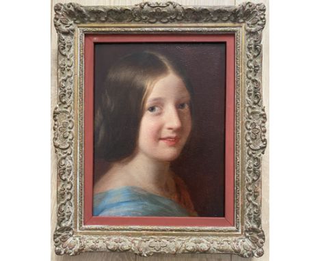 Attributed to John Everett Millais 1829-1896. British. Oil on panel. “Portrait of a Young Woman with Blue Shawl”. Signed and 