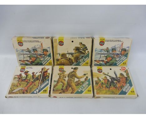 Six Airfix HO/OO-scale soldiers to include the WWII Gurkhas and the German Mountain Troops (x2) and German Afrika Korps, circ