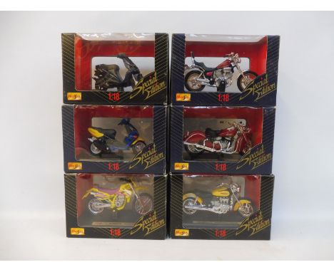 Six boxed Maisto 1/18 scale motorbikes to include Indian etc. 
