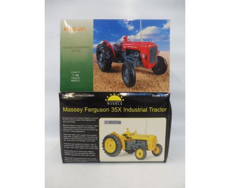 A Universal Hobbies 1/16 scale Massey Ferguson MF35X and a boxed Massey Ferguson 35X Industrial.