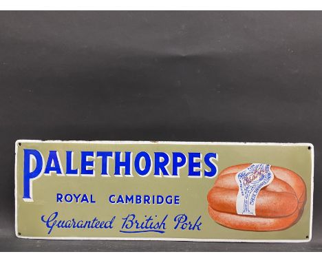 A rare Palethorpes Royal Cambridge pork sausages pictorial enamel sign with quality professional restoration to each end, oth