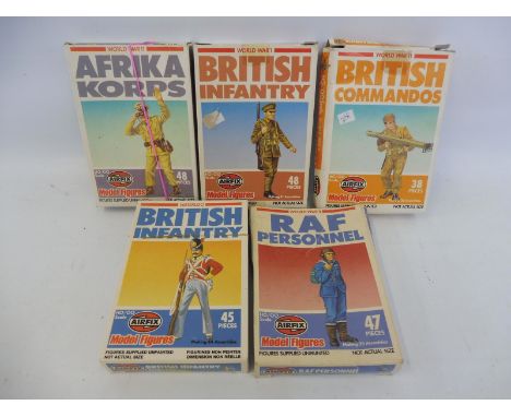 Five Airfix HO OO scale boxed plastic soldiers, circa 1980 including RAF personnel, Afrika Korp etc. 