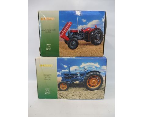 Two boxed 1/32 scale Universal Hobbies tractors: Fordson Power Major and a Massey Ferguson MF35X.