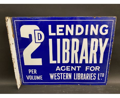 A 2D Lending Library double sided enamel sign with hanging flange, in excellent condition, with bright gloss, 20 x 15". 