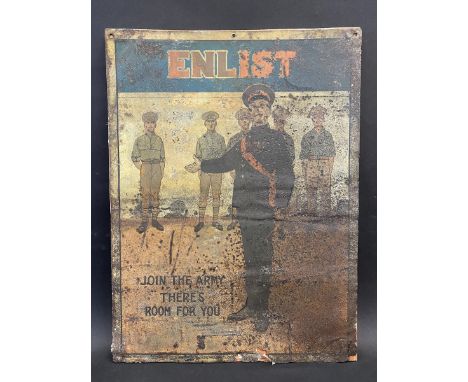 A very early pictorial tin army recruitment advertising sign, WWI period, mounted on a board for strength, 15 x 20"