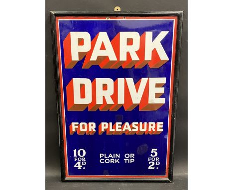 A Park Drive for Pleasure enamel sign with excellent gloss, in a wooden frame, 21 x 31". 