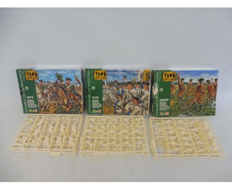 Three Revel 1/72 scale boxed sets soldiers: Austrian Dragoons 2573, Austrian Infantry 2574, Austrian Artillery 2579, figures 