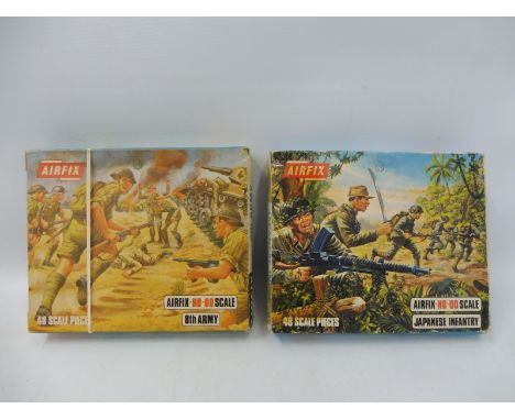 Two early Airfix HO/OO scale boxed British 8th Army cellophaned to rear of box and Japanese Infantry complete figures. 