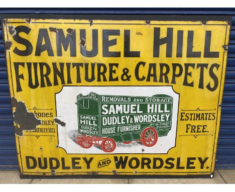 A Samuel Hill Furniture &amp; Carpets of Dudley and Wordsley pictorial enamel sign by Chromo, good original condition, mounte