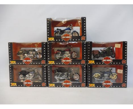 Six Maisto Harley Davidson boxed motorcycle models. 