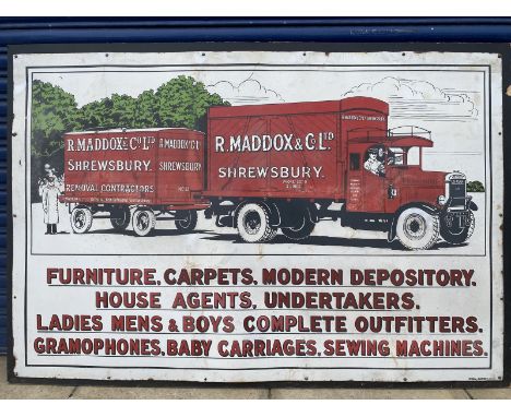 A rare R. Maddox and Co. Ltd. of Shrewsbury pictorial furniture removal lorry enamel sign depicting a Leyland wagon and trail