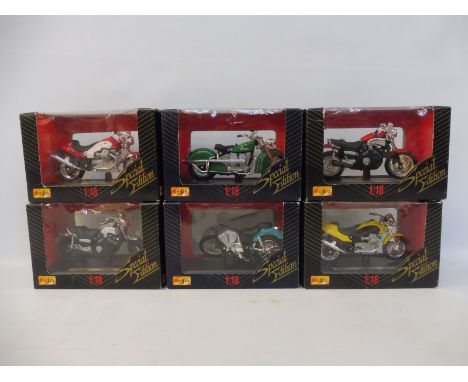 Six 1/18 scale Maisto Motorbike Collection including the Indian Chief. 