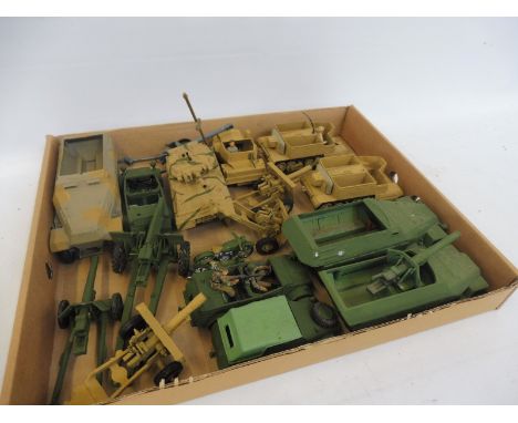 A tray of assorted Dinky Britains diecast, mainly overpainted to include German, field artillery and Kubelwagen wagon, also D