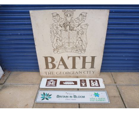 A large scale Bath 'The Georgian City' aluminium advertising sign, 39 1/2 x 41", plus two other utilitarian Bath signs.