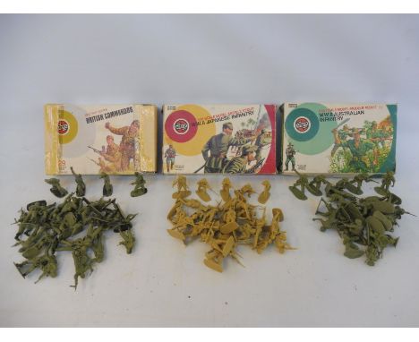 Three 1/32 scale Airfix sets: WWII Australian Infantry, WWII Japanese Infantry and WWII British Commandos, correct number of 