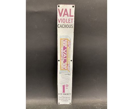 A VAL Violet Cachous pictorial narrow enamel sign from a vending machine, restored, 2 1/4 x 15 1/2".