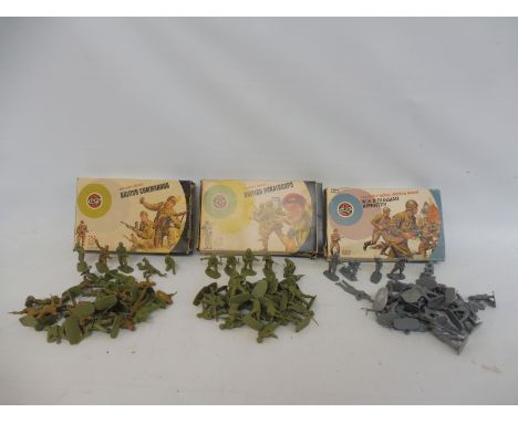 Three 1/32 scale Airfix boxed soldiers (correct number of soldiers and poses): WWII Russian Infantry, WWII British Paratroope