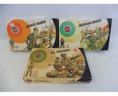 Three 1/32 scale Airfix plastic soldiers circa 1973/1975: Japanese Infantry, Australian Infantry and others. 