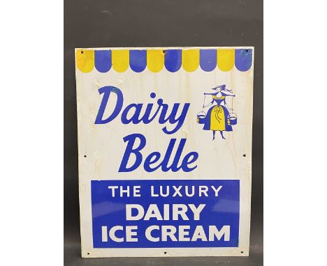 A Dairy Belle - The Luxury Dairy Ice Cream rectangular enamel sign with older, amateur retouching, 20 1/4 x 25".