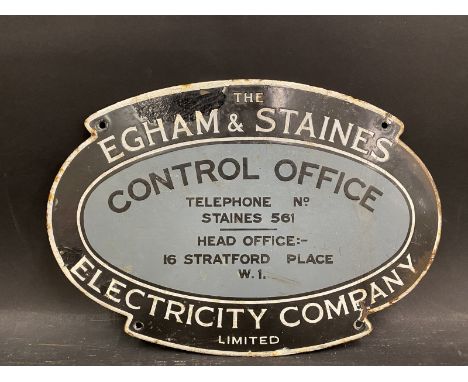 An Egham &amp; Staines Electricity Control Company Office enamel sign, 12 1/2 x 8 3/4".