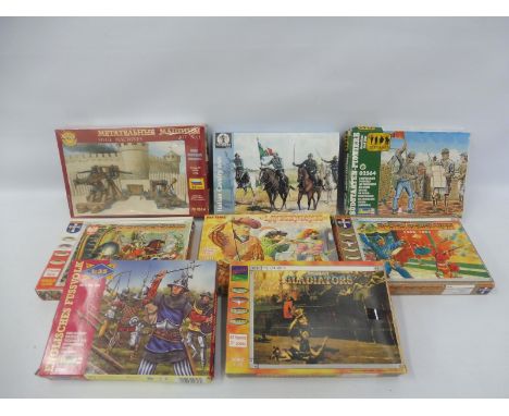 Eight 1/72 scale plastic figures, different makers, including Boxer Rebellion and Italian Cavalry WWII etc. 