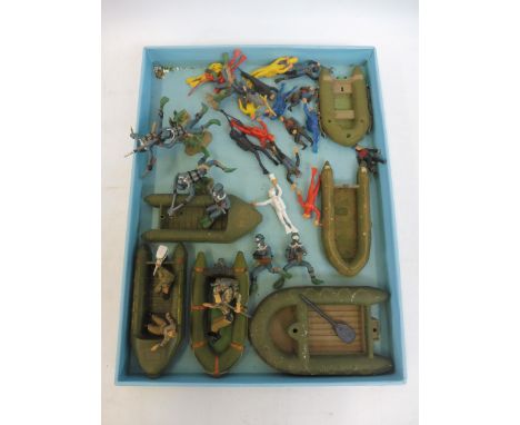 A tray of Pontoon boats with figures, also an interesting set of Marx, believed to be Marx Frogmen.
