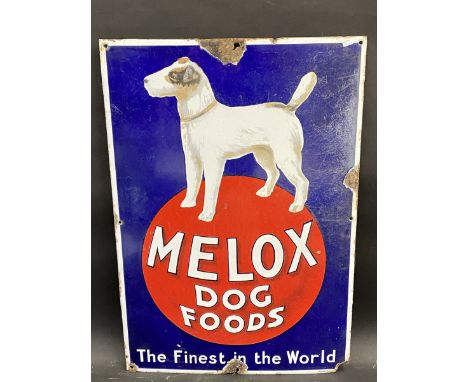 A Melox Dog Foods pictorial enamel sign by Jordan of Bilston, good original condition, 18 x 26". 