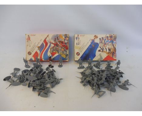 Two 1/32 scale Airfix sets: Waterloo French Infantry 1815 and the Waterloo British Infantry, correct number of soldiers and p