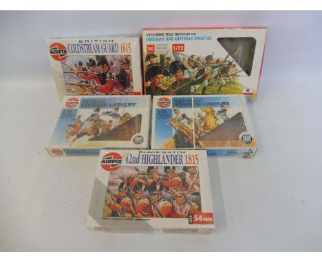 Five boxed Waterloo Series Airfix plastic soldiers 1/22 scale including British and French Cavalry. 