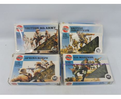 Four Airfix 1/72 scale circa 1980s British Paratroopers, Afrika Korps, US Marines etc. 