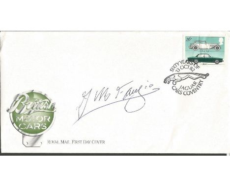 Juan Manuel Fangio autographed 1982 British Motor Cars first day cover. Legendary five times Formula One World Champion. Good