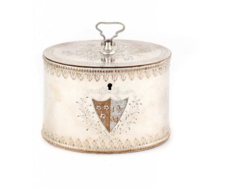 AN OLD SHEFFIELD PLATE OVAL TEA CADDY BY FENTON, CRESWICK & CO, C1775  with swivel knop and lock, engraved with armorials,  1