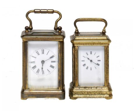 A FRENCH GILT BRASS MINIATURE CARRIAGE CLOCK, MIGNONETTE,      LATE 19TH C in engraved case and another, early 20th c, both 7