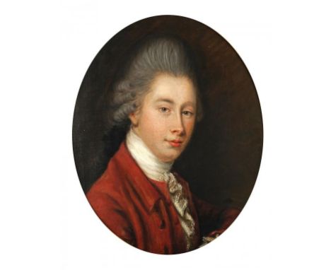 ENGLISH SCHOOL, LATE 18TH CENTURY PORTRAIT OF A YOUNG MAN head and shoulders in a red coat with powdered hair en queue, oil o